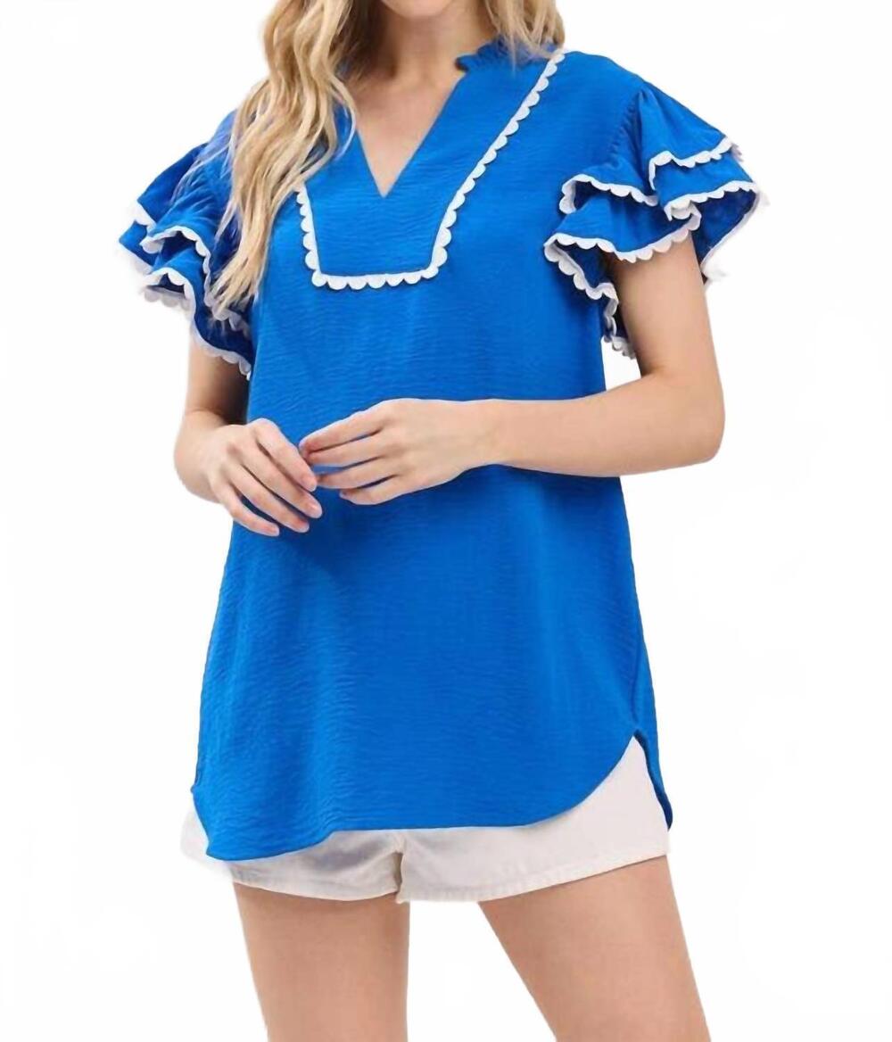 NEW SEWN AND SEEN ruffle sleeve scallop trim top in royal/white